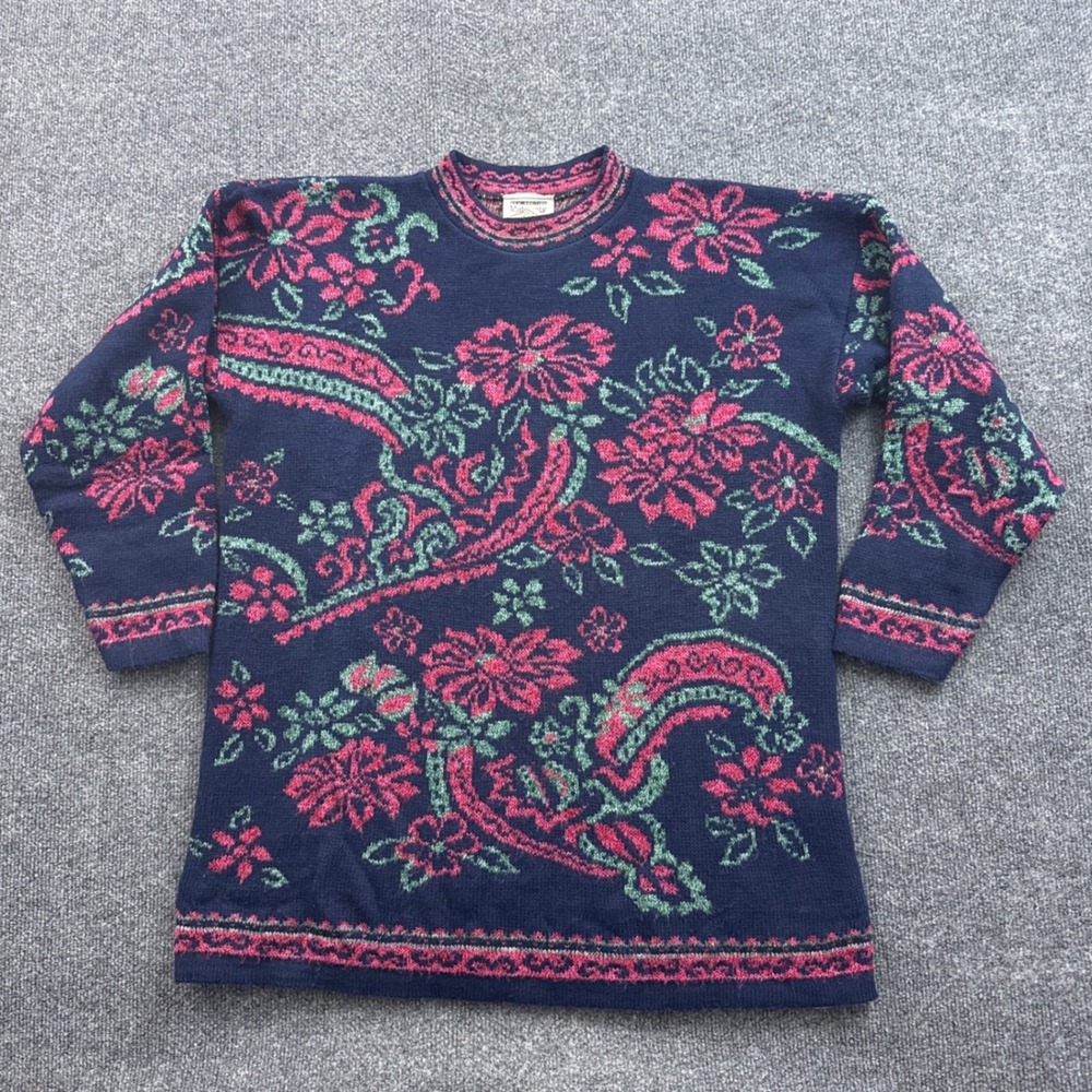 New Addition Maternity Sweater Womens Medium Navy Blue Floral Paisley 90s